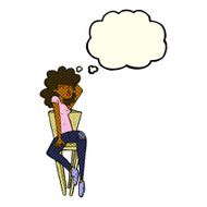 cartoon woman posing on chair with thought bubble N10