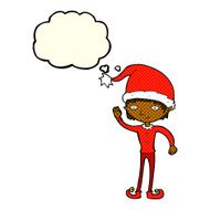 cartoon waving christmas elf with thought bubble N6