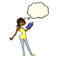cartoon woman reading book with thought bubble N6