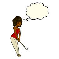 cartoon woman playing golf with thought bubble N12