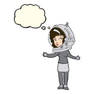 cartoon woman wearing astronaut helmet with thought bubble N5