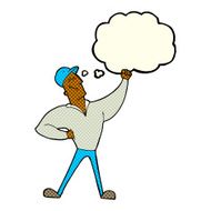 cartoon man striking heroic pose with thought bubble N6