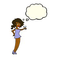 cartoon woman at party with thought bubble N11