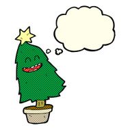 cartoon dancing christmas tree with thought bubble N9