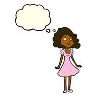 cartoon happy woman in dress with thought bubble N15