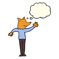 cartoon waving fox man with thought bubble N3