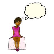 cartoon curious woman sitting with thought bubble N6
