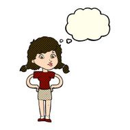 cartoon pretty girl with hands on hips thought bubble N3