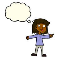 cartoon happy woman pointing with thought bubble N35