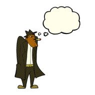 cartoon man in hat and trench coat with thought bubble N6