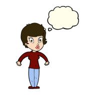 cartoon woman shrugging shoulders with thought bubble N244