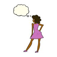 cartoon woman posing in dress with thought bubble N18