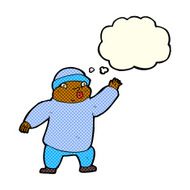 cartoon man in hat waving with thought bubble N6