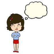 cartoon happy woman with folded arms thought bubble N10