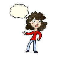 cartoon worried woman pointing with thought bubble N6
