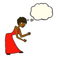cartoon woman in dress gesturing with thought bubble N6