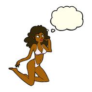 cartoon woman in underwear looking thoughtful with thought bubbl N6