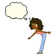 cartoon woman reaching to pick something up with thought bubble N6