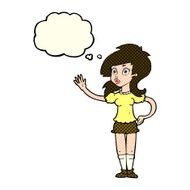 cartoon pretty woman waving for attention with thought bubble N6