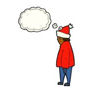 cartoon person in winter clothes with thought bubble N6