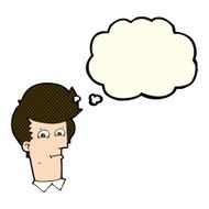 cartoon man narrowing eyes with thought bubble N21