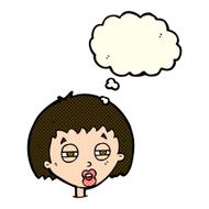 cartoon woman narrowing eyes with thought bubble N6