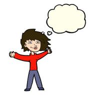 cartoon excited woman waving with thought bubble N6