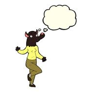 cartoon dancing werewolf woman with thought bubble N3