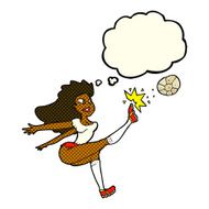 cartoon female soccer player kicking ball with thought bubble N6