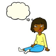 cartoon woman sitting on floor with thought bubble N6