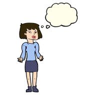 cartoon woman shrugging shoulders with thought bubble N246