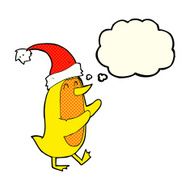 cartoon bird wearing xmas hat with thought bubble N3