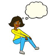 cartoon happy woman sitting with thought bubble N11