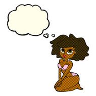 cartoon woman wearing bikini with thought bubble N4