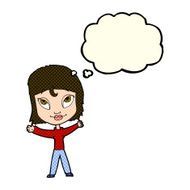cartoon happy woman waving arms with thought bubble N6