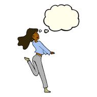 cartoon happy girl kicking out leg with thought bubble N5
