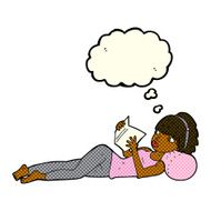 cartoon pretty woman reading book with thought bubble N6