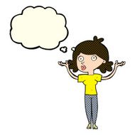 cartoon woman throwing arms in air with thought bubble N6