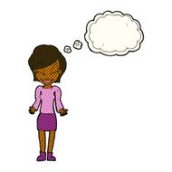 cartoon happy woman shrugging shoulders with thought bubble N11