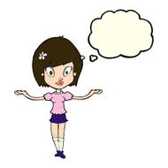 cartoon woman making balancing gesture with thought bubble N6
