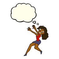 cartoon happy woman jumping with thought bubble N5