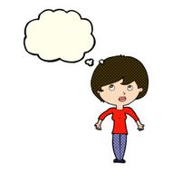 cartoon woman shrugging shoulders with thought bubble N248