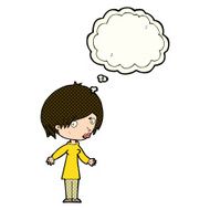 cartoon woman shrugging shoulders with thought bubble N249