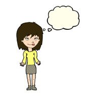 cartoon woman shrugging shoulders with thought bubble N250