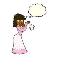 cartoon victorian woman dropping handkerchief with thought bubbl N6