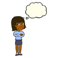 cartoon happy woman looking over with thought bubble N5