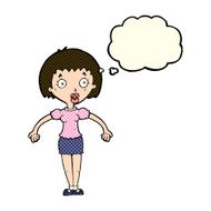 cartoon confused woman shrugging shoulders with thought bubble N5
