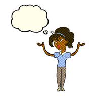 cartoon woman raising hands in air with thought bubble N11