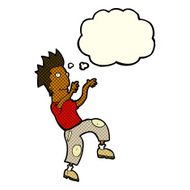 cartoon happy man doing funny dance with thought bubble N9