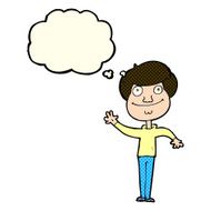 cartoon happy man waving with thought bubble N18